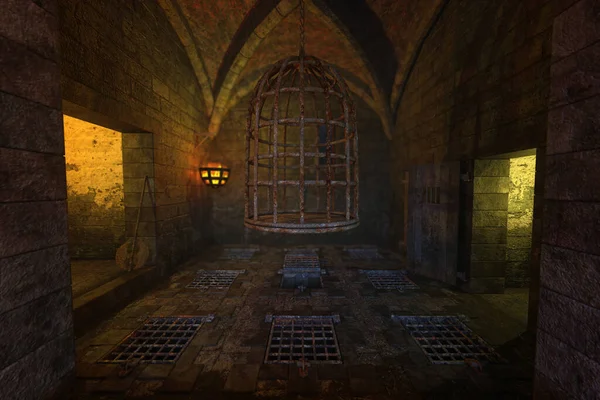 Σκοτεινό Υπόγειο Μεσαιωνικό Μπουντρούμι Κρεμαστό Κλουβί Απεικόνιση — Φωτογραφία Αρχείου