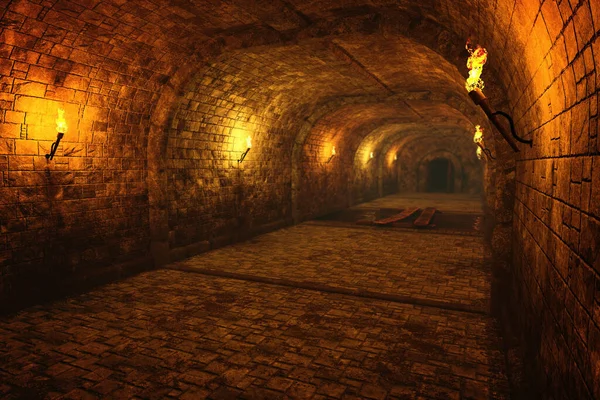 Castelo Medieval Escuro Túnel Calabouço Iluminado Por Tochas Fogo Nas — Fotografia de Stock