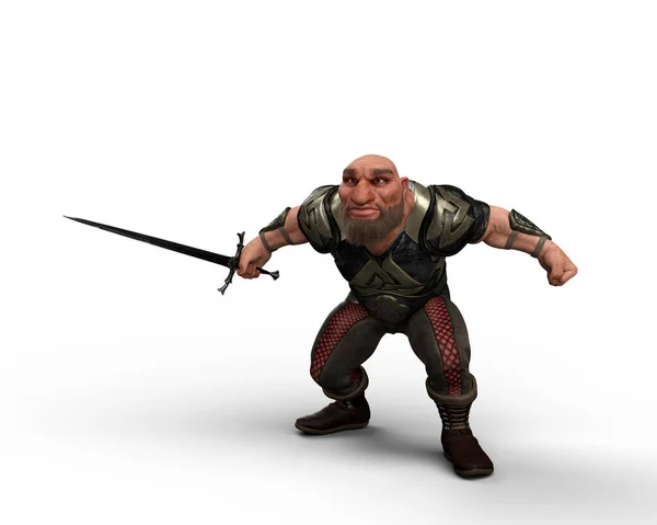 幻想矮人角色身穿盔甲 手持剑准备战斗 在白色背景上孤立的3D插图 — 图库照片