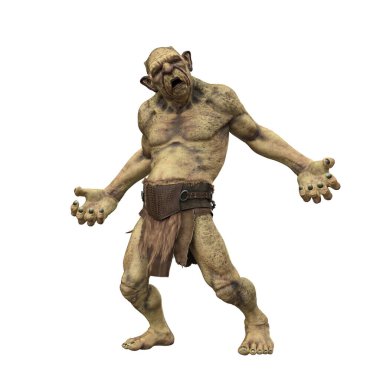 İskandinav folklorundan gelen hayali cüce yaratık şaşkın görünüyor. Beyaz arkaplanda izole edilmiş 3B illüstrasyon.