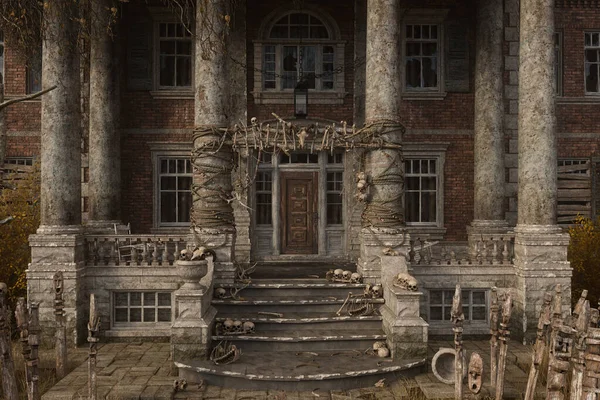Entrance Old Creepy Mansion House Stone Steps Columns Human Bones — Zdjęcie stockowe