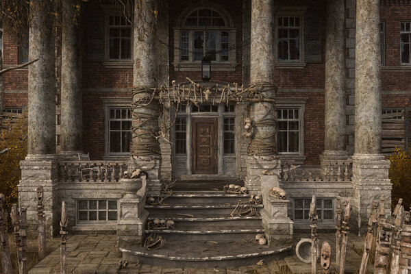 Entrance to an old creepy mansion house with stone steps and columns. Human bones are tied above the door and lying on the ground. 3D illustration.
