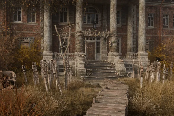 Wooden Boardwalk Leading Creepy Old Derelict Mansion House Human Bones — Stock fotografie