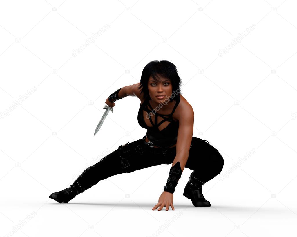 Beautiful young dark haired woman wearing a black leather outfit crouching with a knife in her right hand. 3D illustration isolated on a white background.