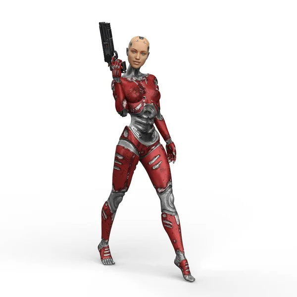 未来派女性机器人 右手拿着红色金属枪托着身体 在白色背景上孤立的3D插图 — 图库照片