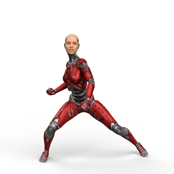 Futuristic Female Cyborg Red Metallic Body Standing Fists Clenched Ready — Fotografia de Stock
