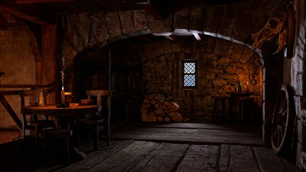 Medieval inn or tavern interior with a small dining table, wine or beer barrels stacked against the wall and daylight coming through a small window. 3D illustration.