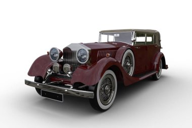 Yumuşak çatılı, büyük, eski, kırmızı bir araba. Beyaz arkaplanda izole edilmiş 3B illüstrasyon.