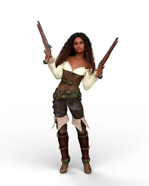 Mulher Pirata Bonita Segurando Uma Pistola Cada Mão Ilustração Isolada — Fotografia de Stock
