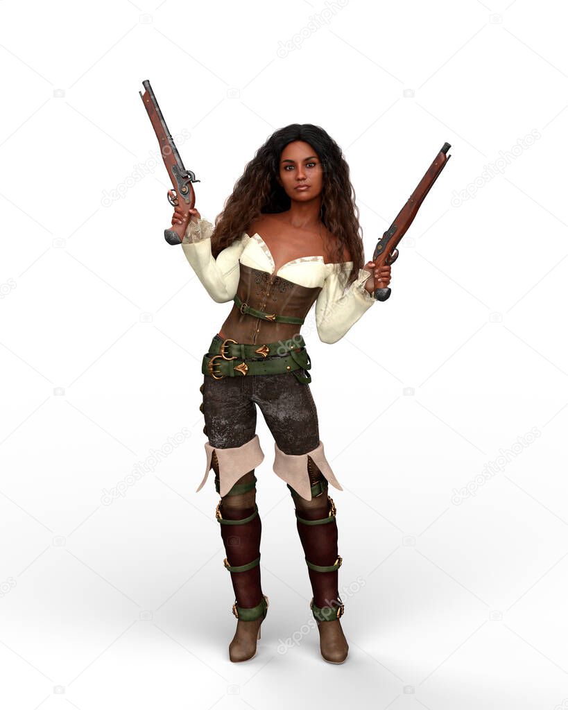 Beautiful pirate woman standing and holding a pistol in each hand. 3D illustration isolated on a white background.