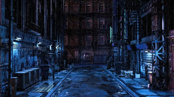 Dark Seedy Futuriste Ruelle Urbaine Arrière Nuit Sous Pluie Cyberpunk — Photo