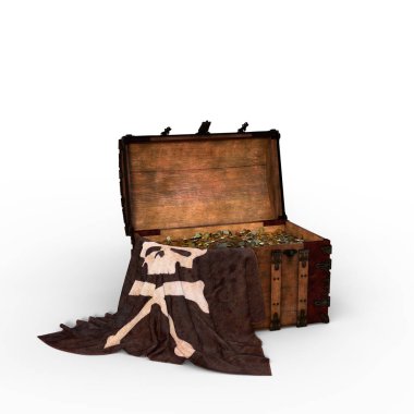 Kenarında Jolly Roger bayrağı olan tahta korsan sandığı. Beyaz arkaplanda izole edilmiş 3B illüstrasyon.