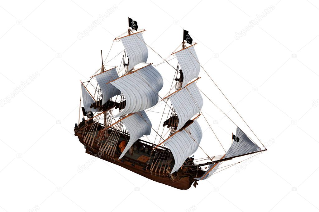 Old wooden pirate sailing ship seen from above. 3D illustration isolated on a white background.