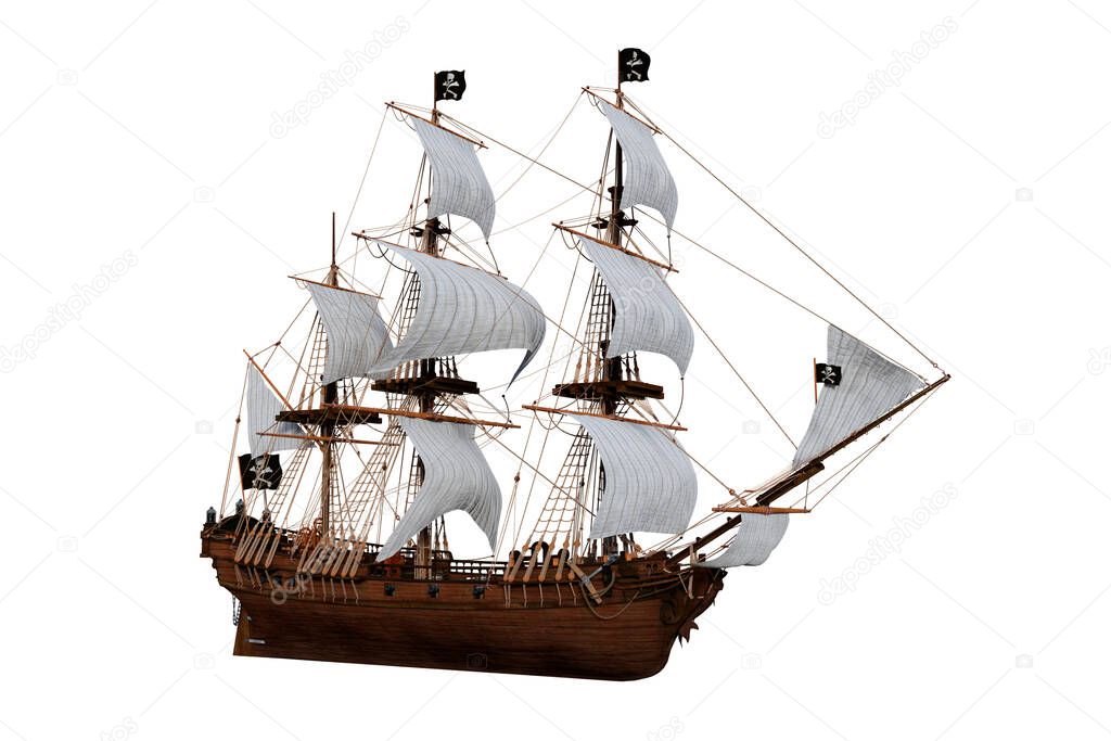 Old wooden pirate sailing ship. 3D illustration isolated on a white background.