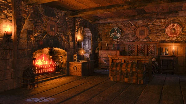 3D illustration of a bedroom with open fireplace and burning fire in an an old medieval house.