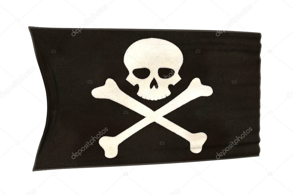 Jolly Roger pirate flag. 3D illustration isolated on a white background.
