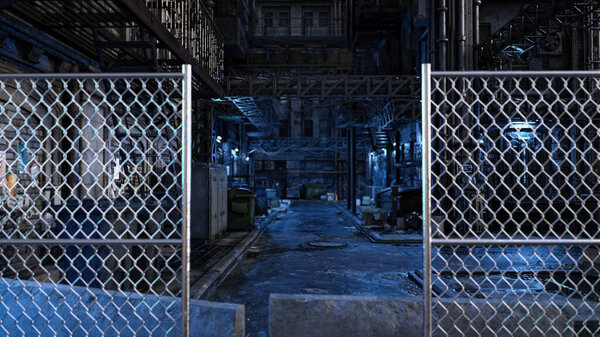 Dark seedy futuristic urban back street alley viewed through chain link fence with selective focus.