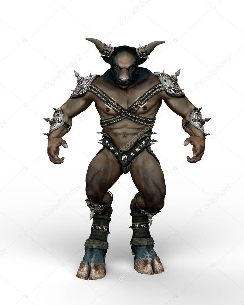 A Minotaur, the mythical part man, part bull creature from Greek mythology. 3D illustration isolated on a white background