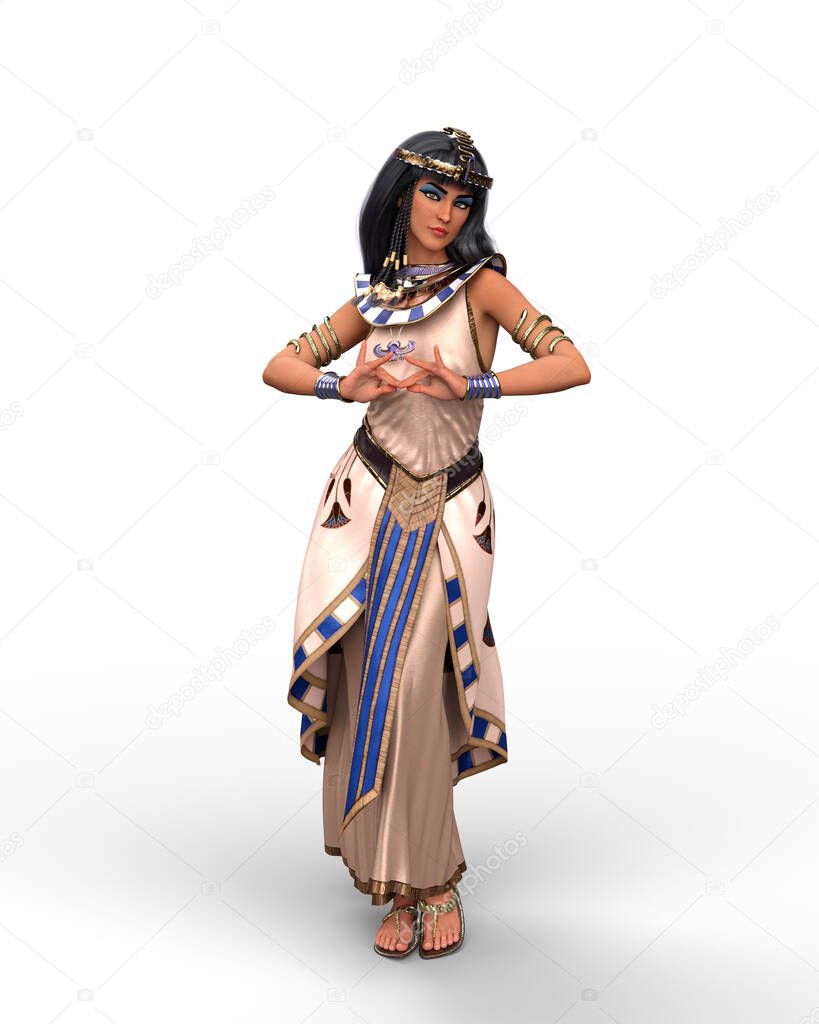 Beautiful Egyptian queen or princess like Cleopatra in full length standing pose. 3D illustration isolated on a white background.