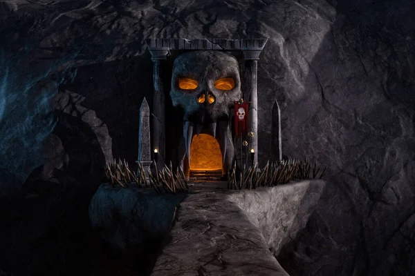 Fantasy bridge to a cave in a mountain with a skull shaped entrance. Halloween horror concept 3D illustration.