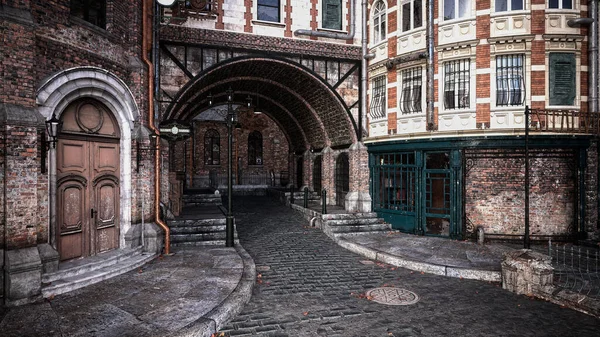 Viktorya tarzı binaların sokak manzarası. Steampunk konsepti 3 boyutlu illüstrasyon.