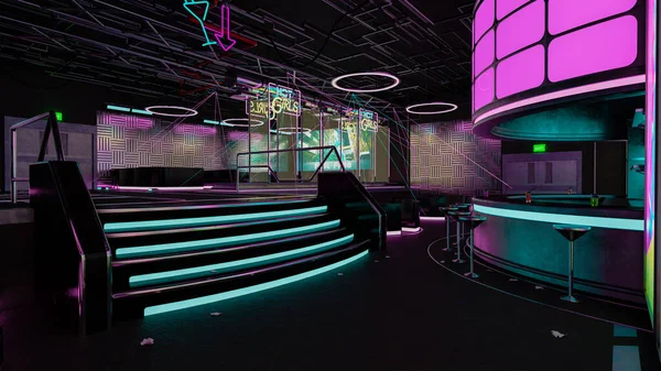 Futuristic cyberpunk night club interior with bar and neon lights. 3D illustration.