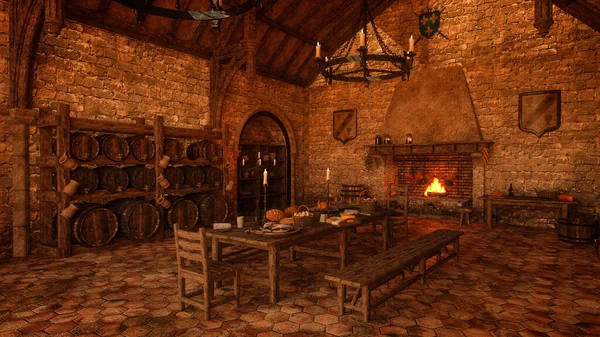 Una Gran Cocina Antigua Castillo Medieval Con Mesa Madera Sillas — Foto de Stock