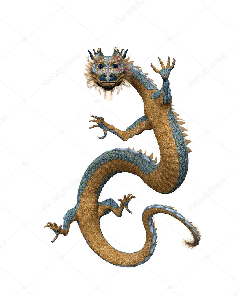 Long bodied Chinese dragon. 3D illustration isolated on a white background.