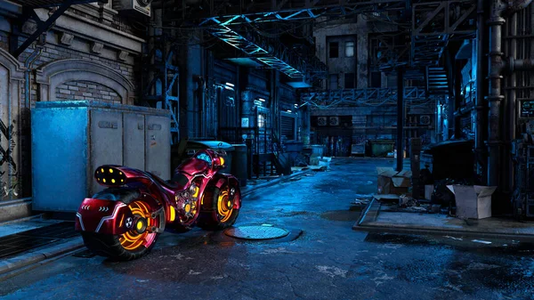 Futuristic Motorcycle Dark Seedy Urban Street Scene Cyberpunk Concept Illustration — Stock Photo, Image