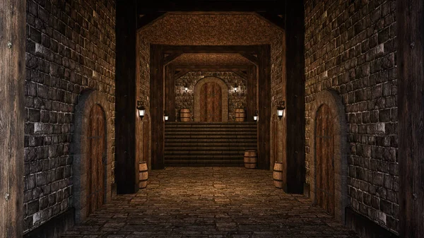 Μεσαιωνικό Κάστρο Πανδοχείο Διάδρομο Πέτρινους Τοίχους Δάπεδο Και Σκαλοπάτια Που — Φωτογραφία Αρχείου