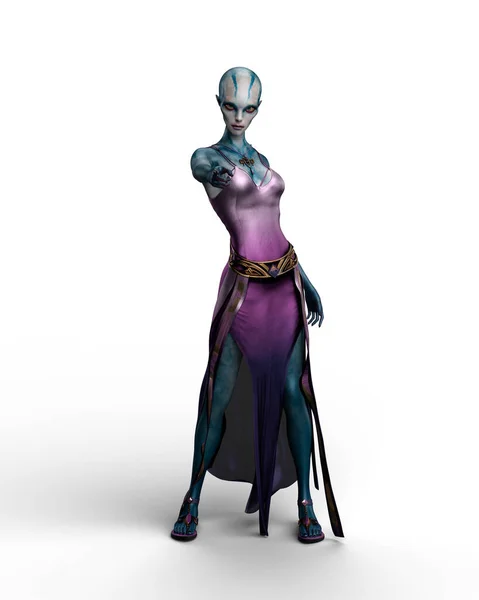 Beautiful Fantasy Alien Female Blue Skin Bald Head Standing Pointing — Stock Photo, Image