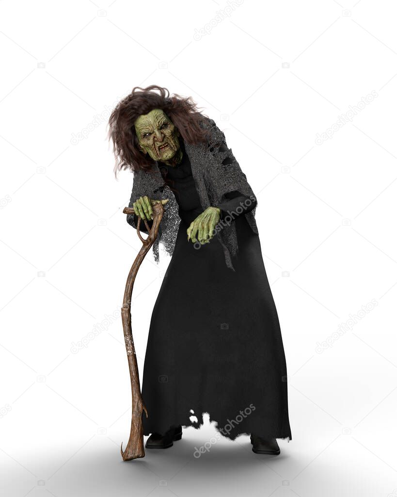 Old hag Halloween witch in torn black dress leaning on a wooden walking stick. 3D illustration isolated on a white background.