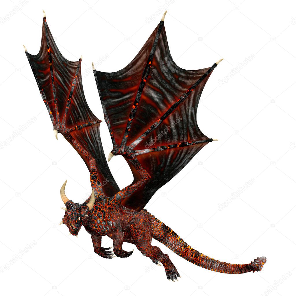 Hellborn glowing red skinned Dragon in flight. 3D illustration isolated on a white background.