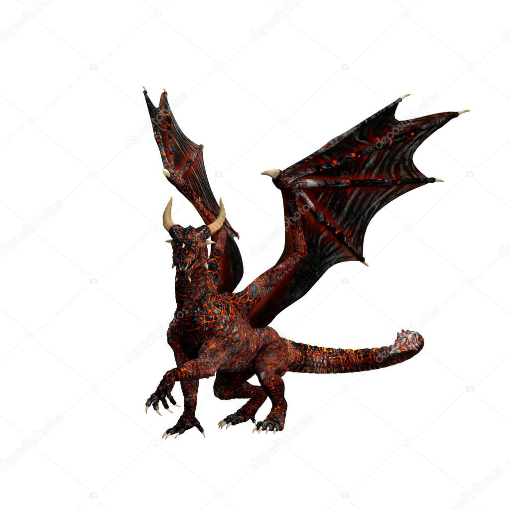 Mythical red skinned dragon walking with wings raised. 3D illustration isolated on a white background.
