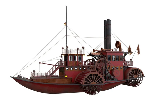 Steampunk Estilo Paddle Barco Vapor Ilustración Aislada Sobre Fondo Blanco —  Fotos de Stock
