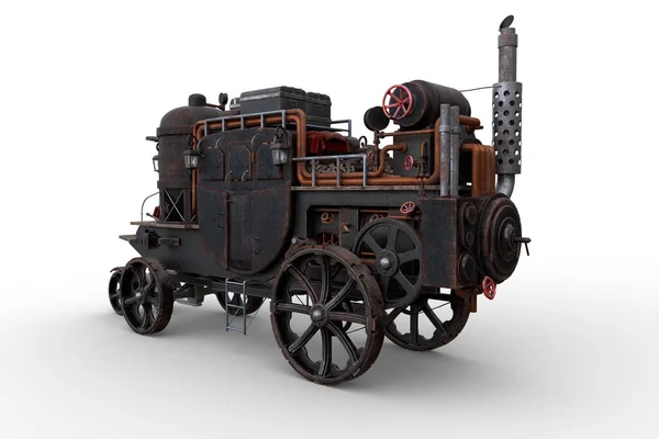 Carro Vapor Estilo Steampunk Con Equipaje Parte Superior Ilustración Perspectiva —  Fotos de Stock
