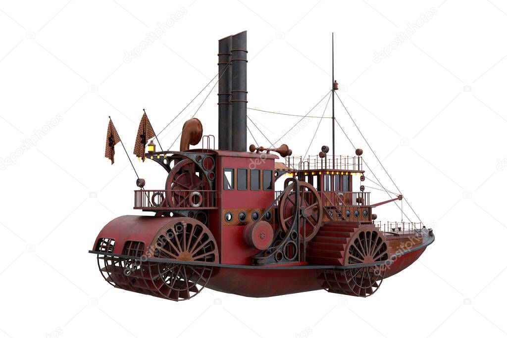 Steampunk styled paddle steamer boat. Rear view 3D illustration isolated on a white background.