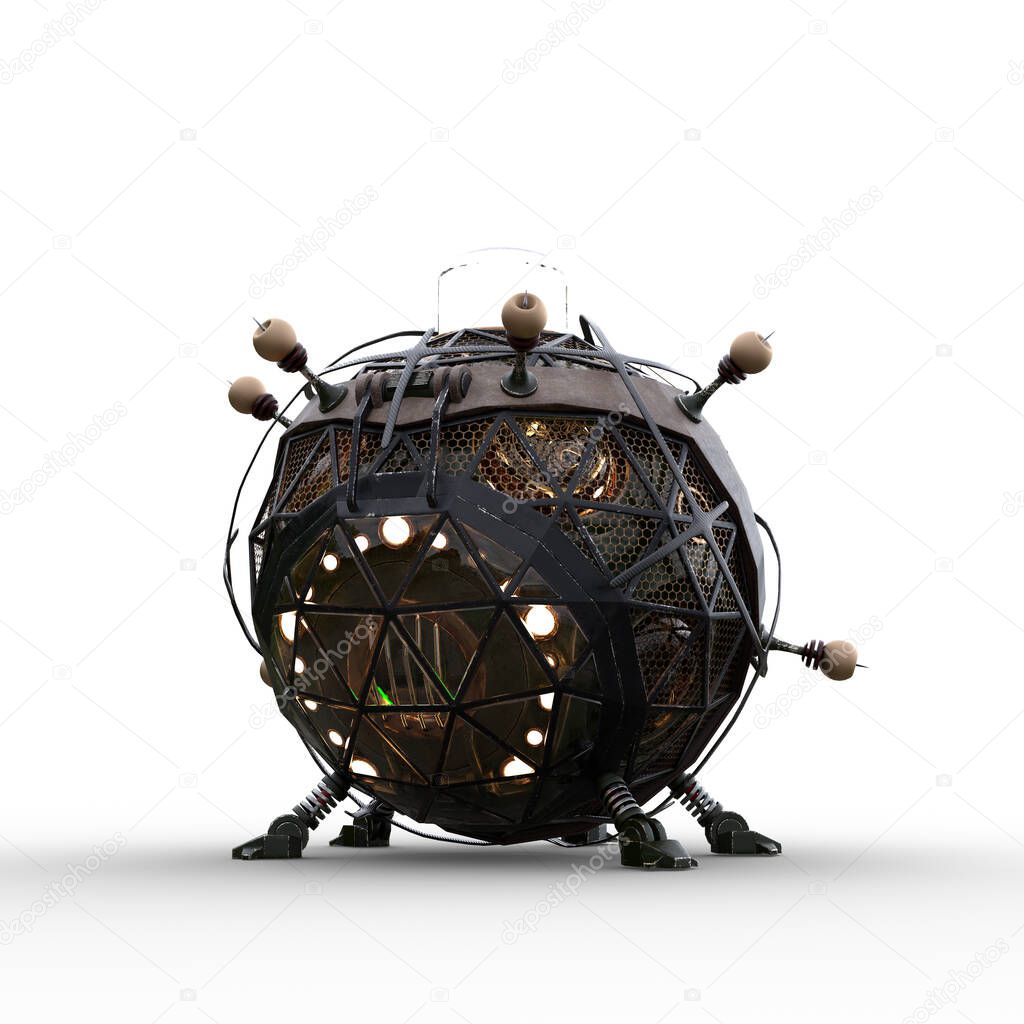 Fantasy Steampunk styled Victorian time machine. 3D illustration isolated on a white background.