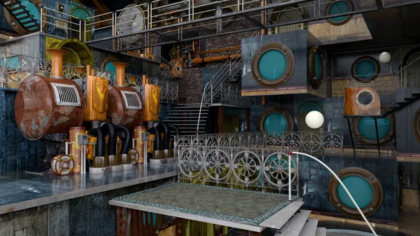 Ilustración Entorno Arquitectónico Fantasía Steampunk Con Múltiples Niveles — Foto de Stock