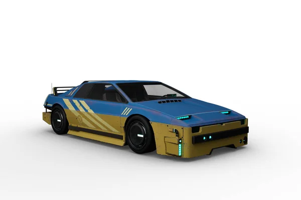 Illustration Une Voiture Futuriste Style Cyberpunk Bleue Jaune Isolée Sur — Photo