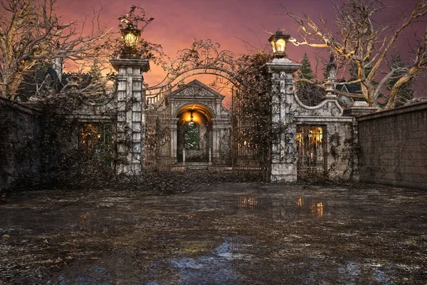 3D illustration of a creepy old overgrown cemetery with a mausoleum behind the open iron gates.