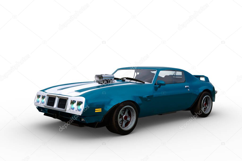 Blue and white 1970s vintage American muscle car. 3D illustration isolated on a white background.