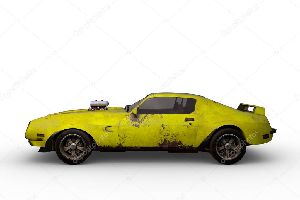 Old yellow retro American muscle car. 3D illustration isolated on a white background.