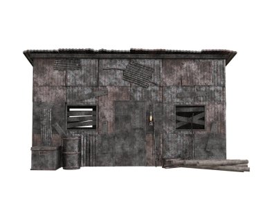 Pencereleri tahtayla kapatılmış hurda metalden yapılmış kıyamet sonrası bina. İzole edilmiş üç boyutlu illüstrasyon.