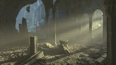 Ancient dusty temple ruins under a futuristic city with light beams coming through an open archway. 3D rendering.