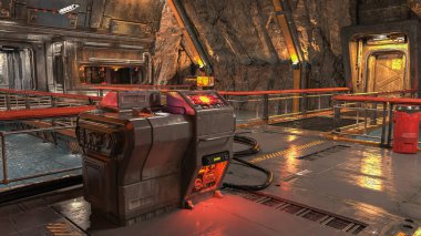 Bir dağın içine kurulmuş gelecekçi bilim kurgu endüstrisi ortamı. 3 Boyutlu Hazırlama.