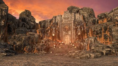 Ortaçağ fantezi tapınağı. Dışarıda nöbet tutan iki dev şövalye heykeli olan bir dağa inşa edilmiş. 3 Boyutlu resimleme.