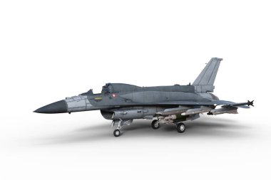 Karadaki füzelerle donatılmış askeri jet uçağı beyazda izole edildi. 3 Boyutlu Hazırlama.