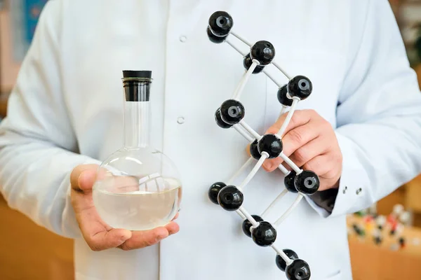 Molekül modeli öğretmenin ellerinde. Beyaz önlüklü bir bilim adamı elinde bir matara ve bir molekül modeli tutuyor. Mataralı matara. Atomik yapı.