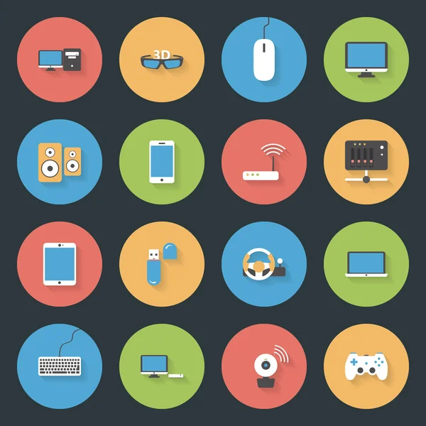 Computers, peripherals and network devices flat icons set — Stock Vector